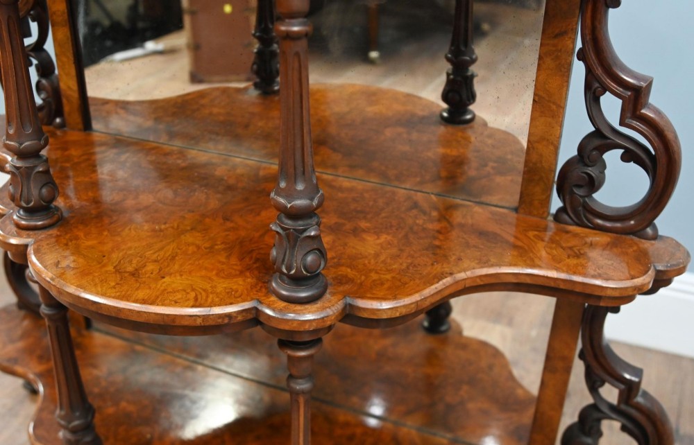 Victorian Whatnot Bookshelf Walnut Mirrored Etagere 1860 View X