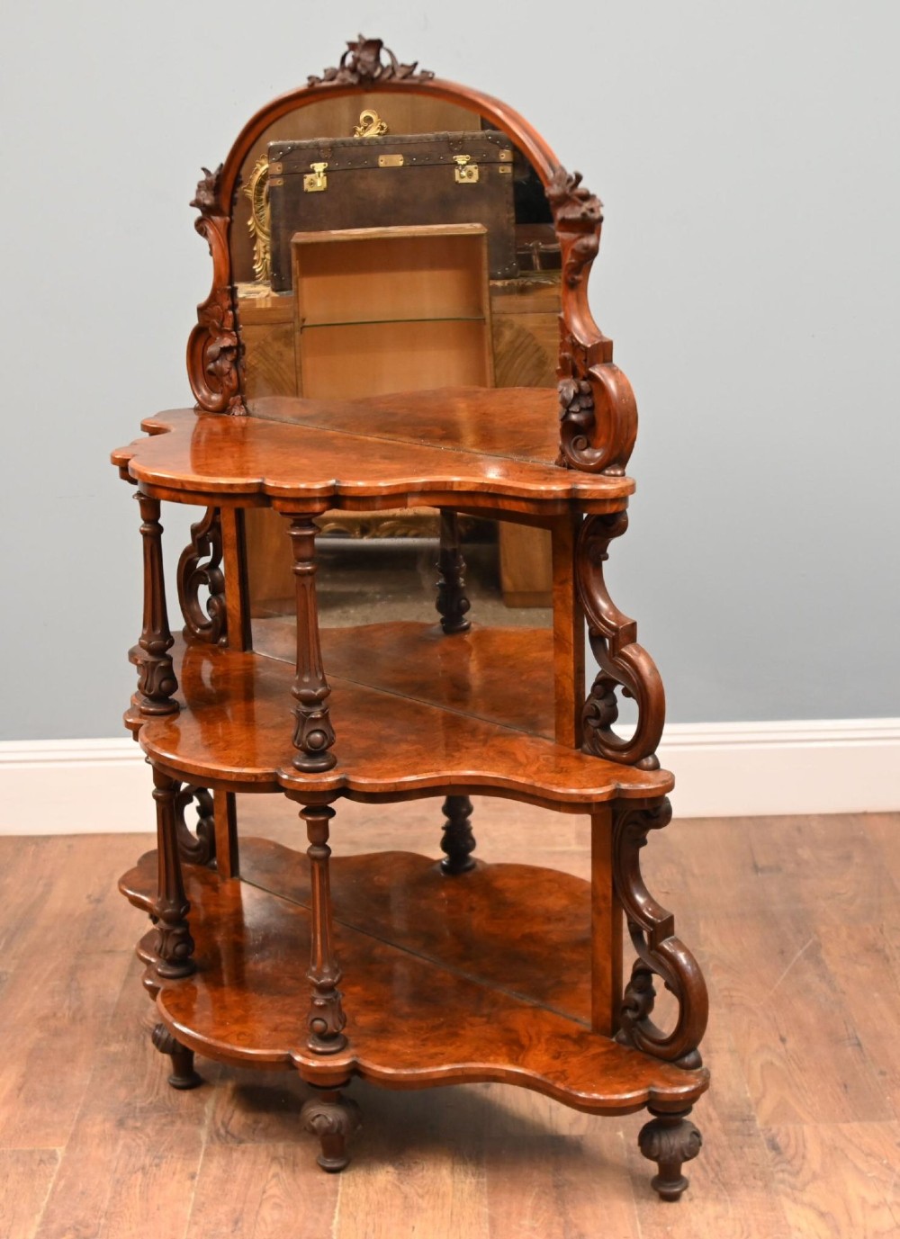 Victorian Whatnot Bookshelf Walnut Mirrored Etagere 1860 View XI
