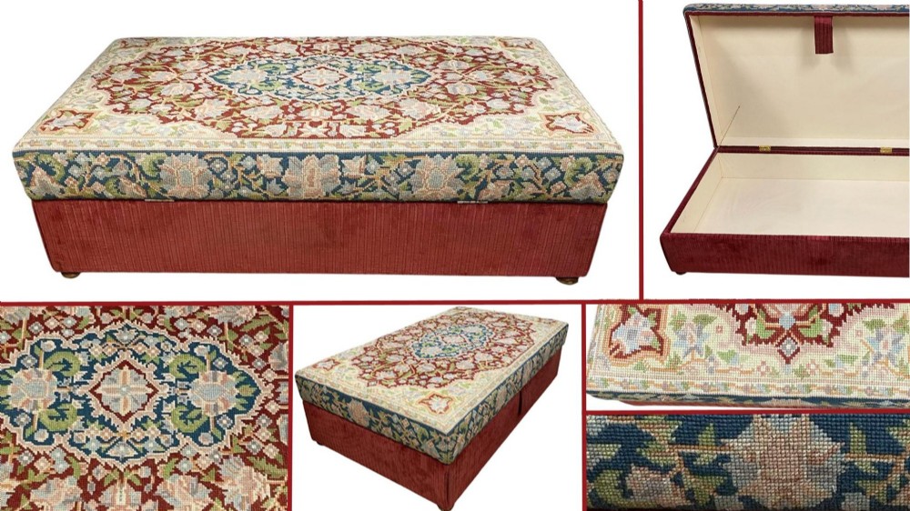 A low rectangular ottoman featuring a central multi-coloured floral needlepoint tapestry top bordered by red velvet side fabric with a pull tab. View VIII