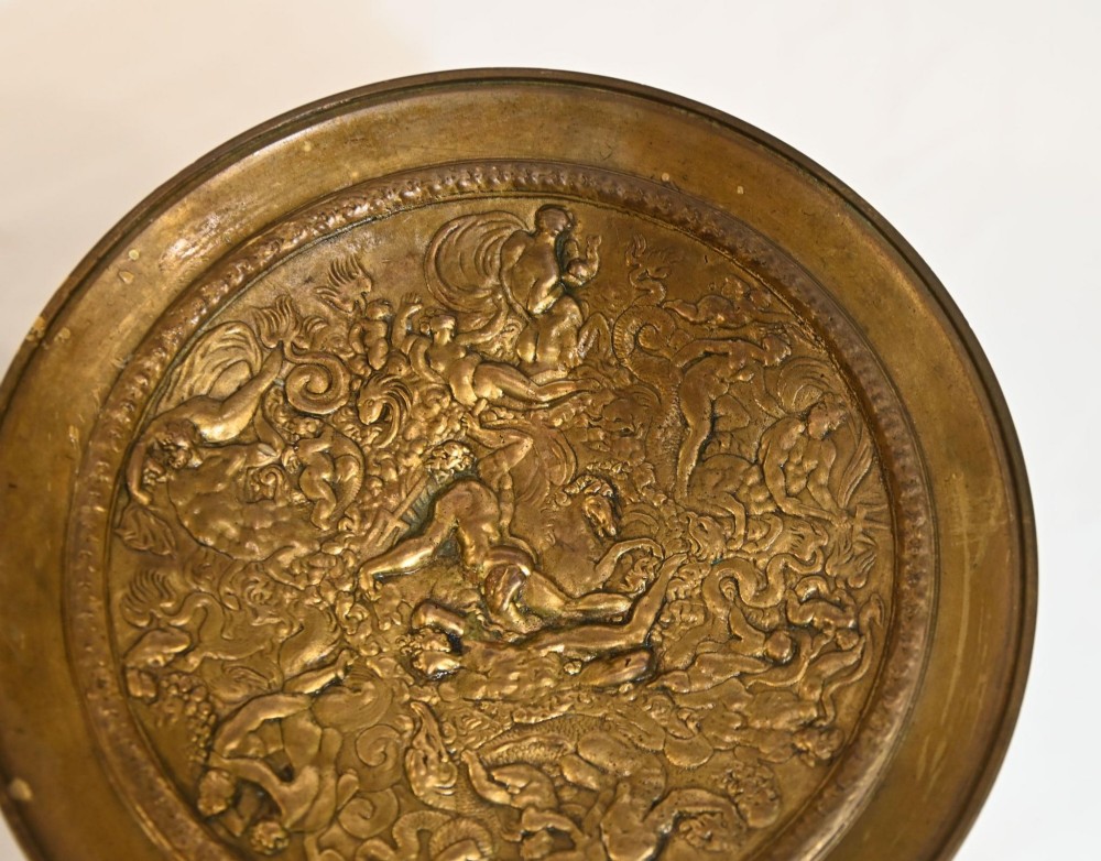 A pair of late 19th-century French ormolu classical tazzas with relief-cast circular dishes on decorative stems mounted on round black marble bases. View VIII