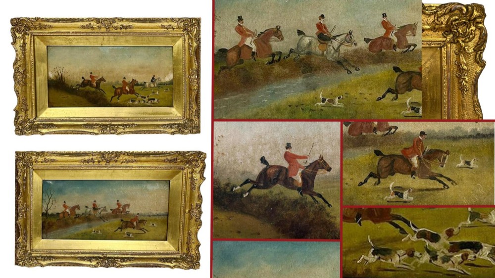 A pair of horizontal antique Victorian oil paintings in ornate gold gilt frames depicting horseback riders and hounds in a field. View XI