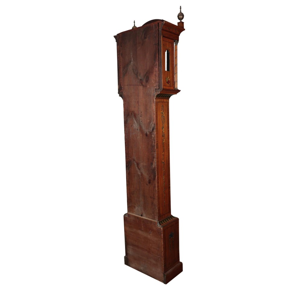 An antique Scottish painted satinwood longcase clock with an arched moonphase dial, brass finials, and neoclassical floral painted panels. View V