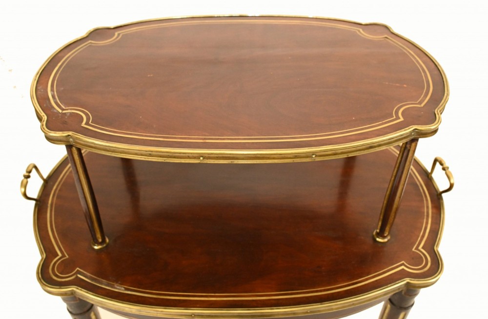 A two-tiered mahogany side table featuring shaped oval tops edged with brass galleries, slender turned legs, and brass side handles on the lower tier. View IV