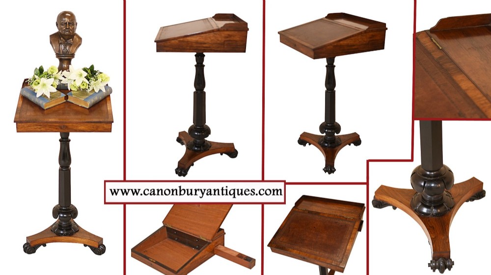 Victorian mahogany lectern desk featuring a sloped leather writing surface, turned ebonised pedestal, and triform base with scroll feet. View IX