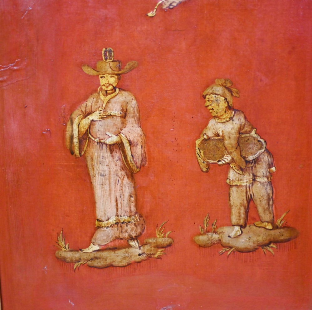 A six-panel folding room divider featuring deep red surfaces adorned with gilt rococo scrollwork frames surrounding painted classical figures, cherubs, and urns. View IX
