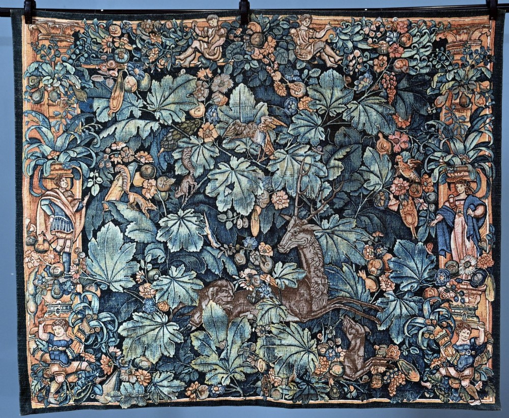 French Antique Tapestry Deer Floral Hand Woven Verdure