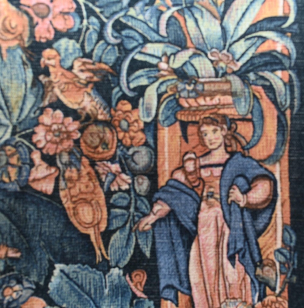 French Antique Tapestry Deer Floral Hand Woven Verdure View IV