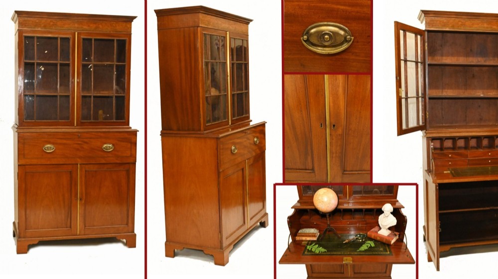A Georgian mahogany secretaire bookcase featuring a glazed upper cabinet, a pull-out secretaire drawer with brass oval handles, and lower panelled doors. View XII