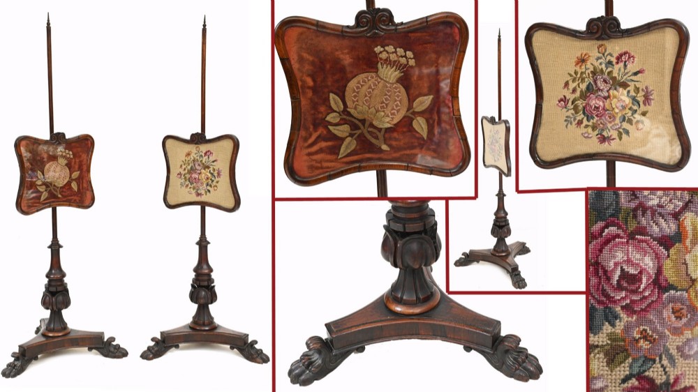 A pair of 19th-century Regency pole screens crafted from dark rosewood with carved tripod bases and adjustable rectangular needlepoint tapestry panels. View X