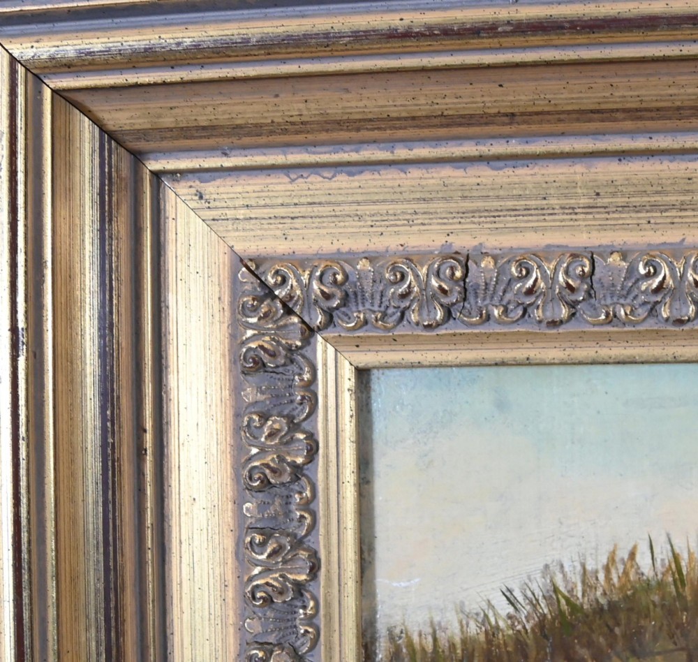 A 19th-century Victorian oil painting depicting two horses and chickens beside a thatched building with distant mountains, housed in a stepped gilt frame. View II