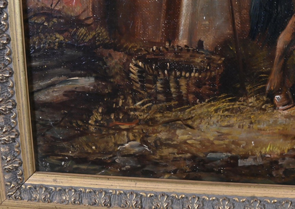 A 19th-century Victorian oil painting depicting two horses and chickens beside a thatched building with distant mountains, housed in a stepped gilt frame. View III
