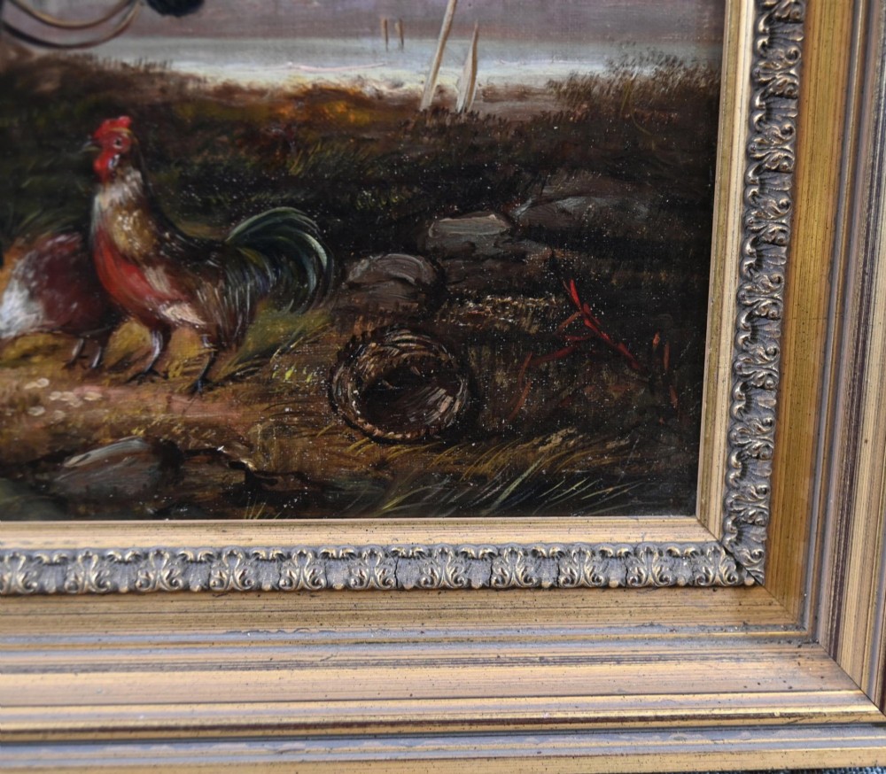 A 19th-century Victorian oil painting depicting two horses and chickens beside a thatched building with distant mountains, housed in a stepped gilt frame. View IV