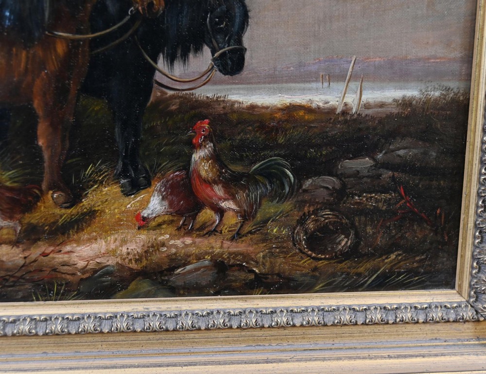 A 19th-century Victorian oil painting depicting two horses and chickens beside a thatched building with distant mountains, housed in a stepped gilt frame. View V