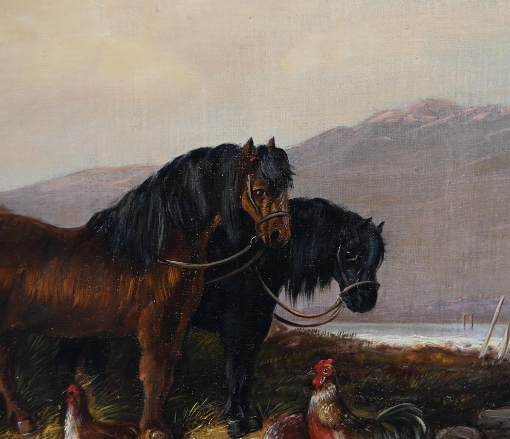 A 19th-century Victorian oil painting depicting two horses and chickens beside a thatched building with distant mountains, housed in a stepped gilt frame. View VI