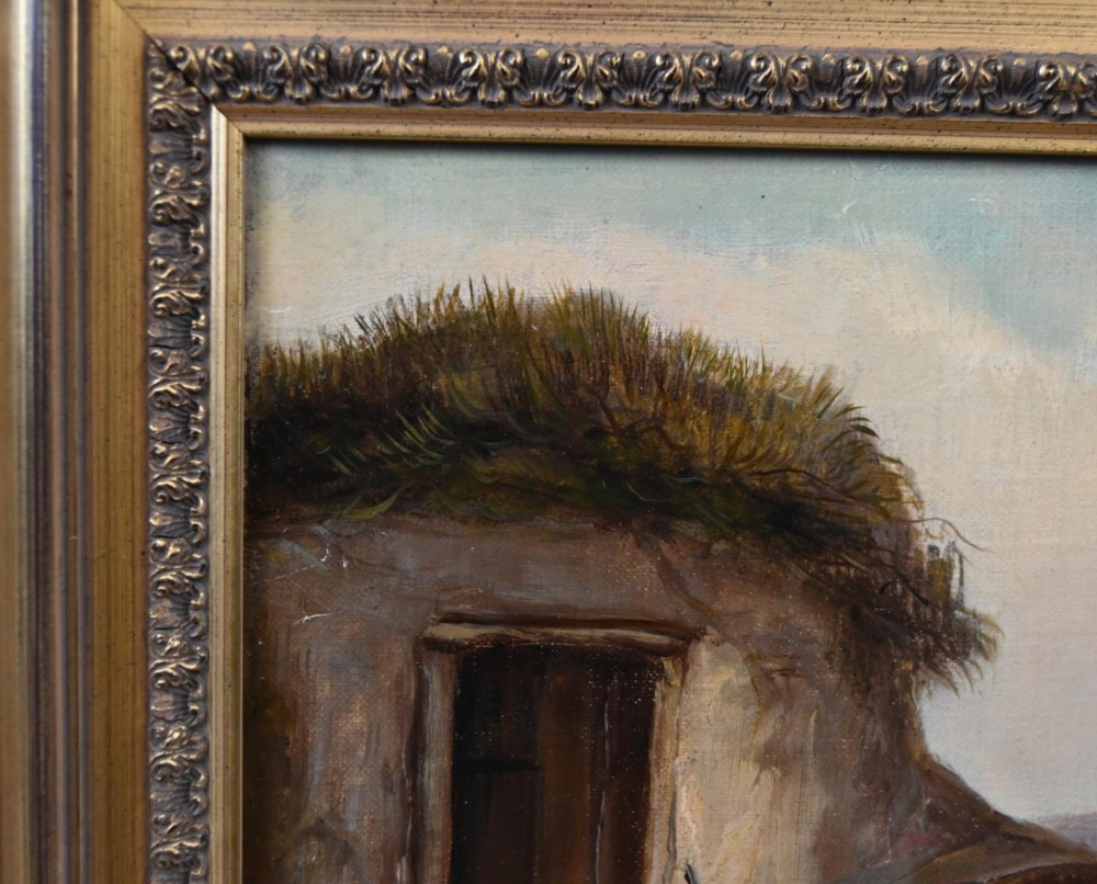 A 19th-century Victorian oil painting depicting two horses and chickens beside a thatched building with distant mountains, housed in a stepped gilt frame. View VII