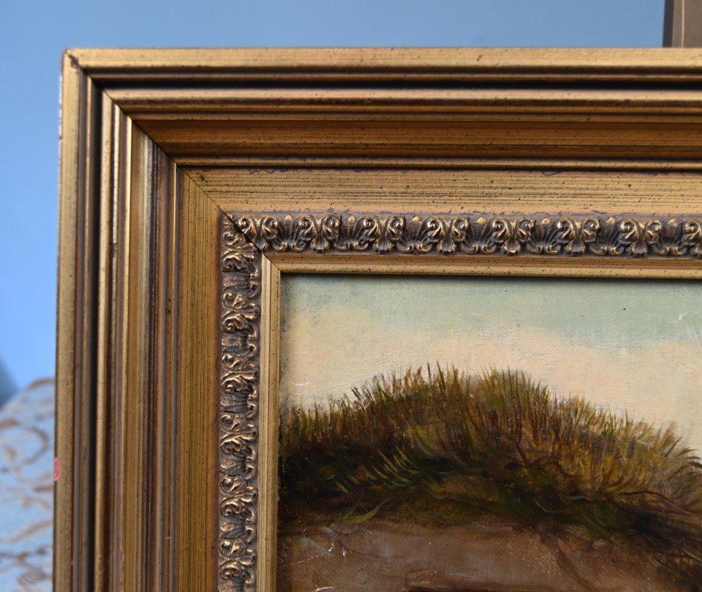 A 19th-century Victorian oil painting depicting two horses and chickens beside a thatched building with distant mountains, housed in a stepped gilt frame. View VIII