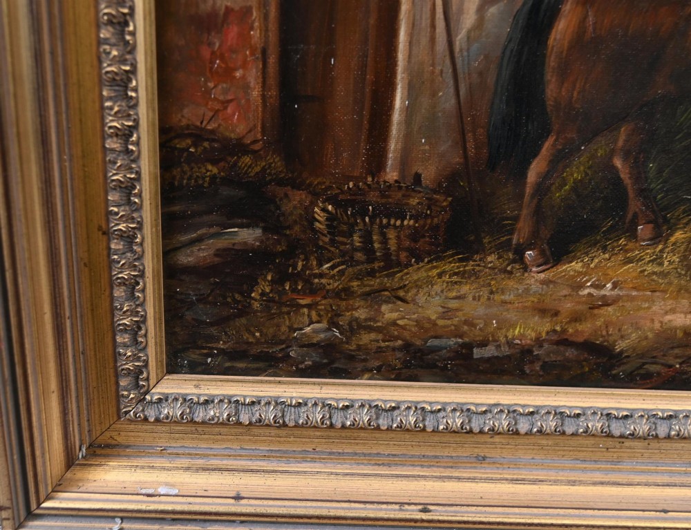 A 19th-century Victorian oil painting depicting two horses and chickens beside a thatched building with distant mountains, housed in a stepped gilt frame. View IX