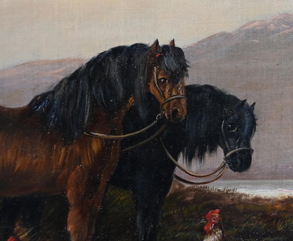 A 19th-century Victorian oil painting depicting two horses and chickens beside a thatched building with distant mountains, housed in a stepped gilt frame. View X