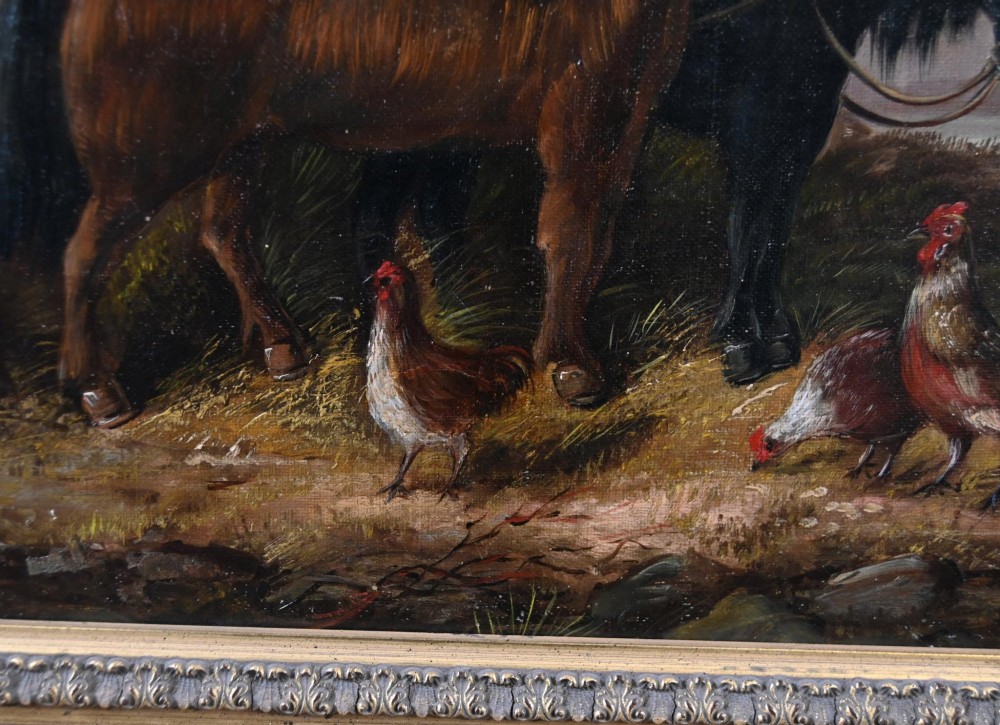 A 19th-century Victorian oil painting depicting two horses and chickens beside a thatched building with distant mountains, housed in a stepped gilt frame. View XI