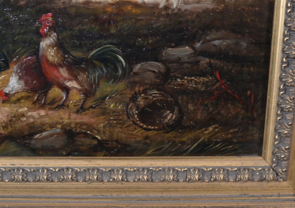 A 19th-century Victorian oil painting depicting two horses and chickens beside a thatched building with distant mountains, housed in a stepped gilt frame. View XII