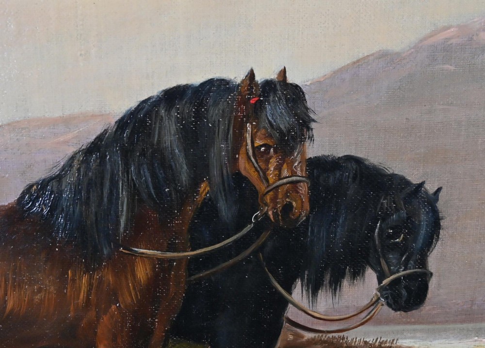 A 19th-century Victorian oil painting depicting two horses and chickens beside a thatched building with distant mountains, housed in a stepped gilt frame. View XIII