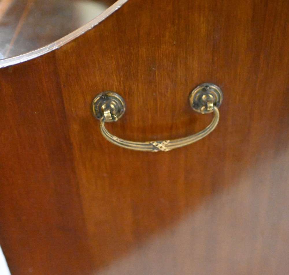 A late Victorian mahogany coal purdonium cabinet featuring satinwood marquetry inlay, a brass handle on the drop-front door, an upper shelf, and a small mirrored back panel. View III