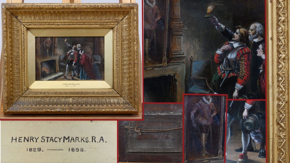 A 19th-century Victorian oil painting depicting figures in historical dress examining a portrait by candlelight, set within a heavily carved gold gilt frame. View II