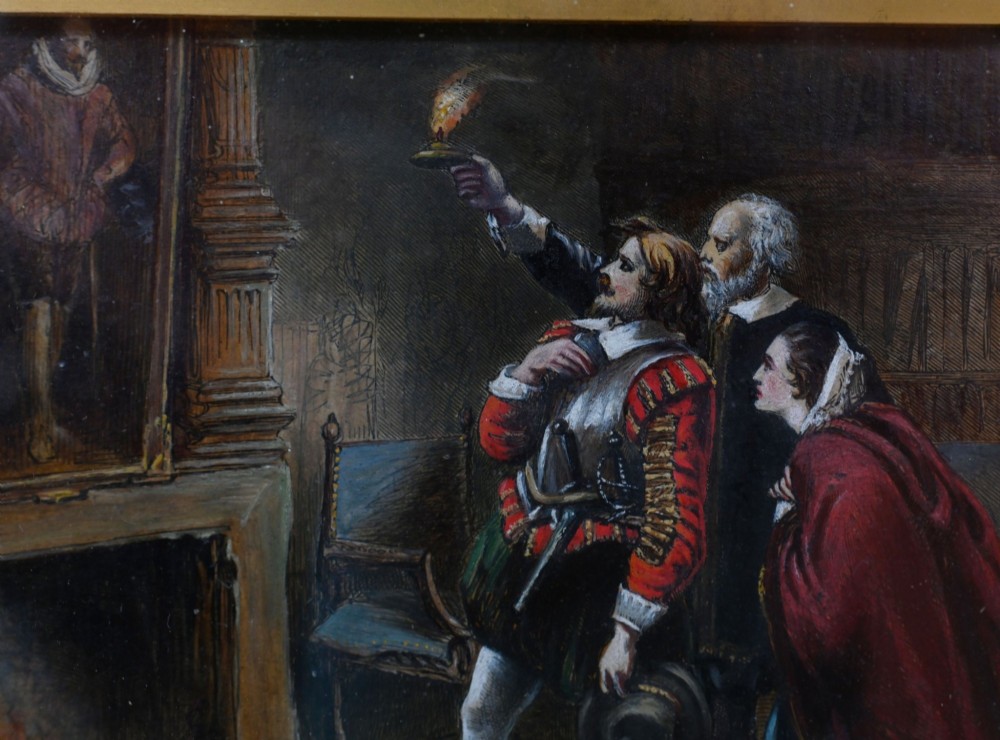 A 19th-century Victorian oil painting depicting figures in historical dress examining a portrait by candlelight, set within a heavily carved gold gilt frame. View VII