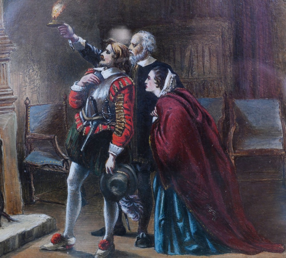 A 19th-century Victorian oil painting depicting figures in historical dress examining a portrait by candlelight, set within a heavily carved gold gilt frame. View VIII
