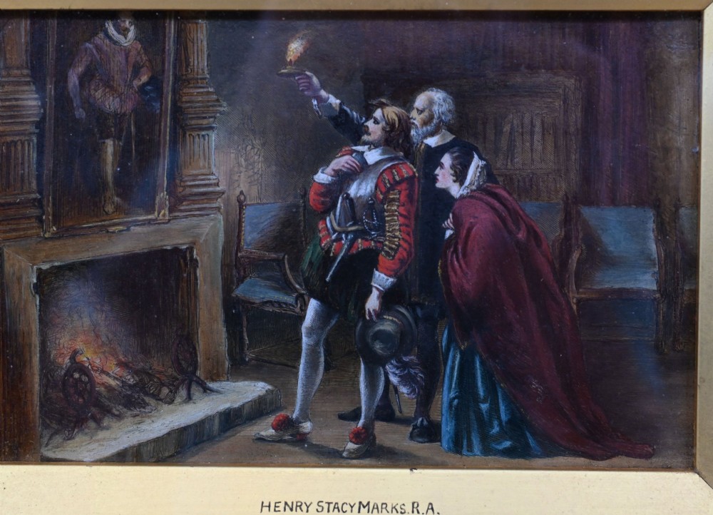 A 19th-century Victorian oil painting depicting figures in historical dress examining a portrait by candlelight, set within a heavily carved gold gilt frame. View X