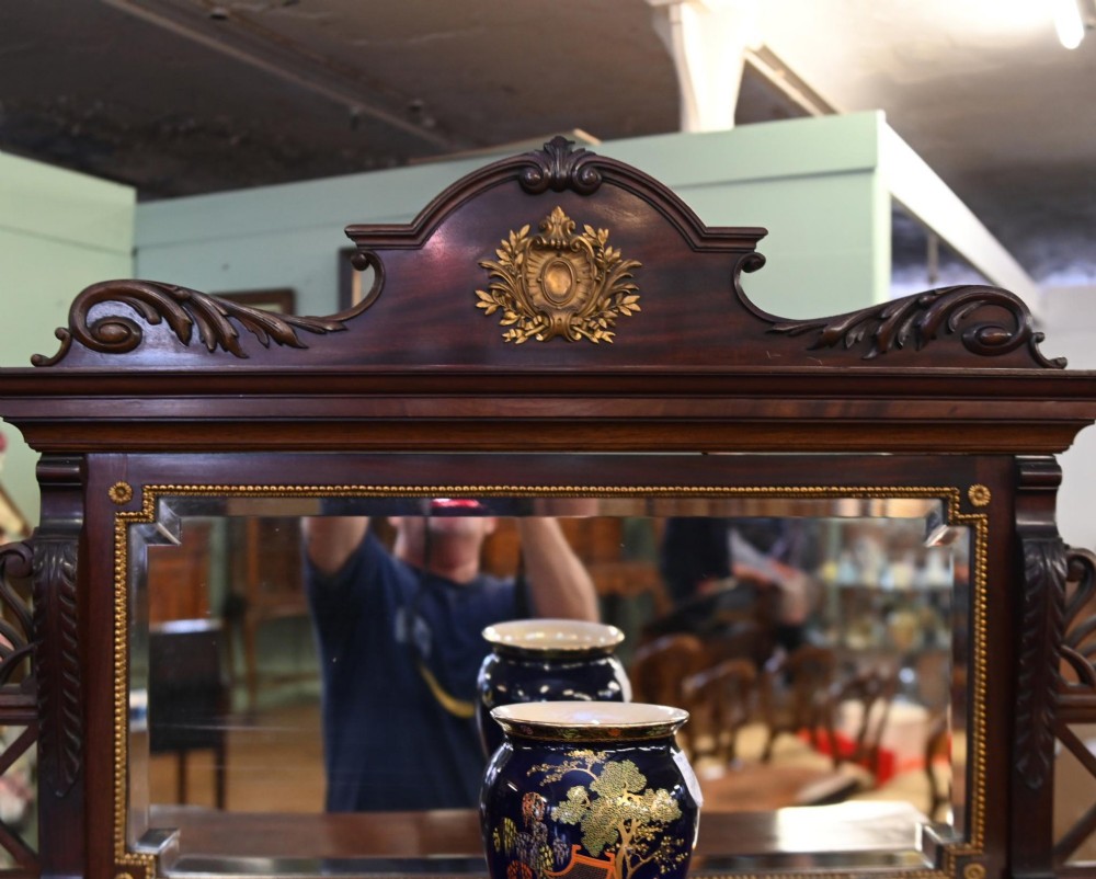 A dark mahogany display cabinet featuring gilt ormolu mounts, bevelled mirror panels, and a central glass door with decorative organic glazing bars. View VIII