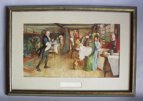 fig 1. A framed coloured print depicting an interior scene at an English coaching inn with figures in period clothing, dogs, and Windsor chairs.