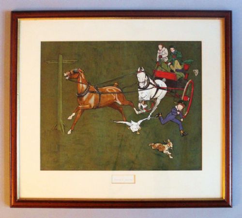 fig 1. A framed illustration depicting figures in Regency attire travelling in a horse-drawn carriage set against a green background.