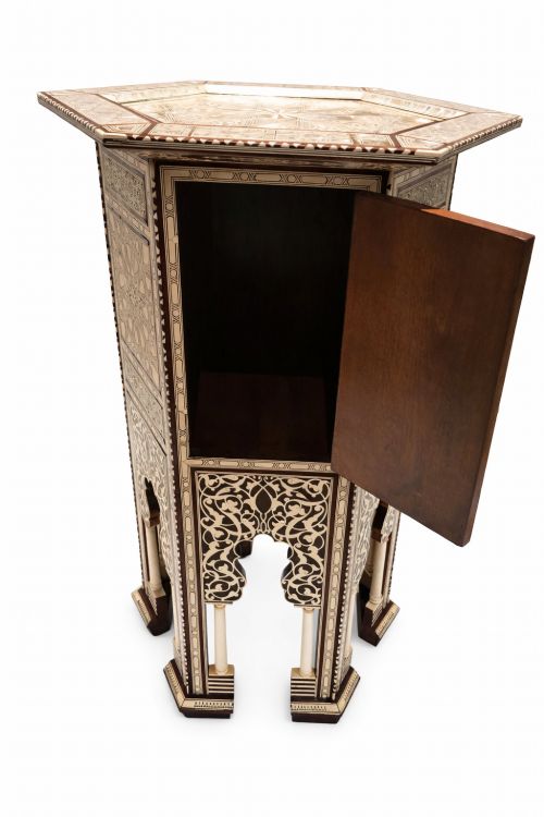 19TH CENTURY ISLAMIC INLAID HEXAGONAL SIDE TABLE WITH CUPBOARD MOORISH STYLE MOTHER OF PEARL BONE - ADDITIONAL PHOTO 1
