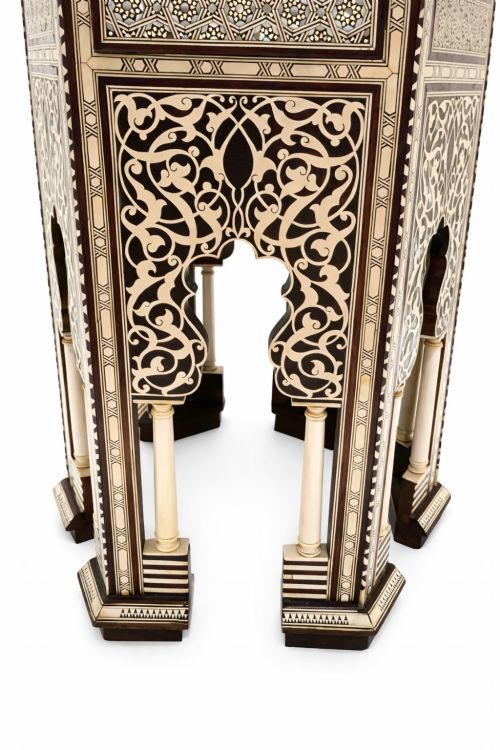 19TH CENTURY ISLAMIC INLAID HEXAGONAL SIDE TABLE WITH CUPBOARD MOORISH STYLE MOTHER OF PEARL BONE - ADDITIONAL PHOTO 3