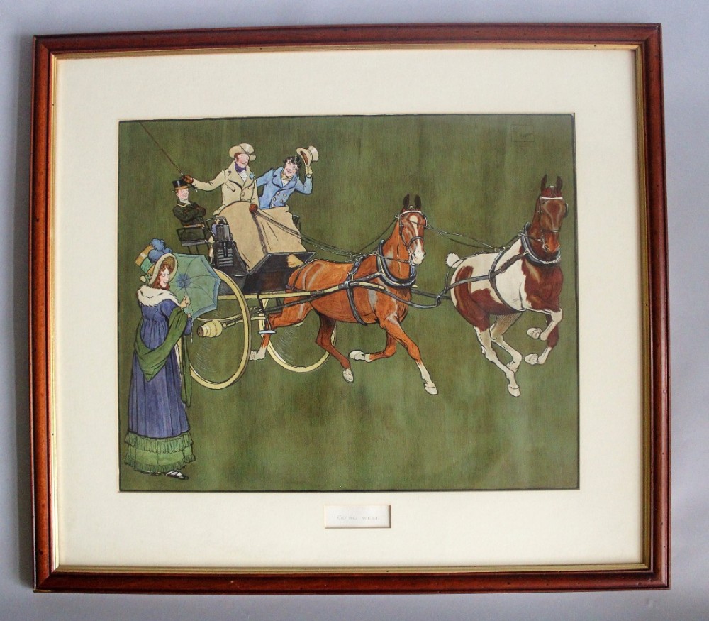 A framed illustration depicting figures in Regency attire travelling in a horse-drawn carriage set against a green background.
