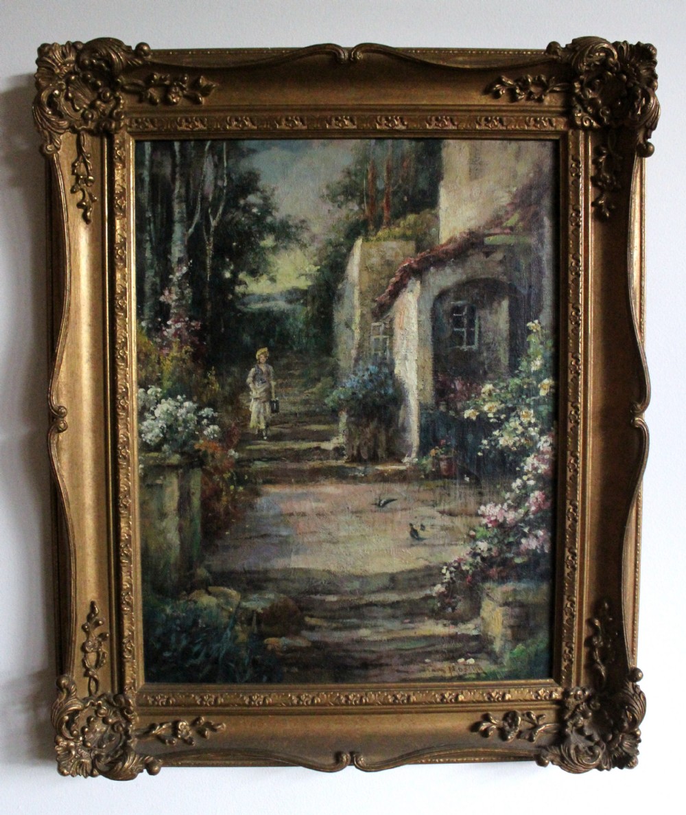 An oil painting on canvas depicting a figure walking up stone steps near a cottage garden, framed in an ornate gilded swept frame.