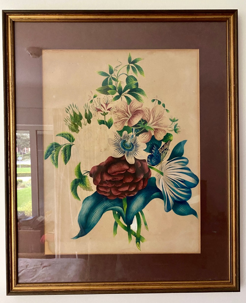 A framed 19th-century botanical print featuring a bouquet of blue, white, and purple flowers set within a dark mount and a gilded wooden frame. View II