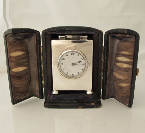 beautiful silver cased travelling carriage clock in original outer case birmingham 1922 - CATEGORY: ANTIQUE CLOCKS - DATED 1920