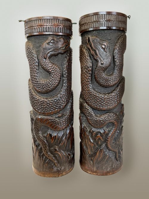 A Pair of Large 19th Century Hand Carved Bamboo Brush Pots.