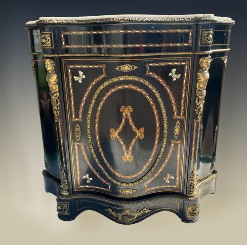 For Sale Is This French Serpentine Fronted, Ebonised and Inlaid Marble Topped Side Cabinet. C.1870.
