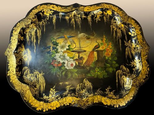 A Mid Victorian Japanned and Hand Painted Tin Tray.