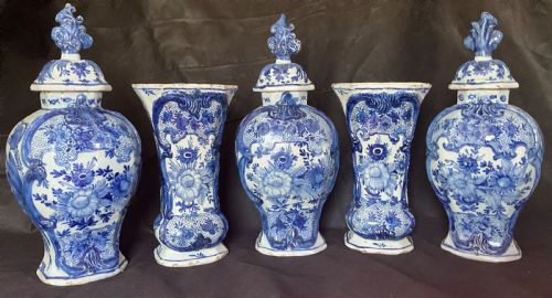 A Set of Five 18th Century Blue and White Delft Garniture with Original Lids. Circa 1780.