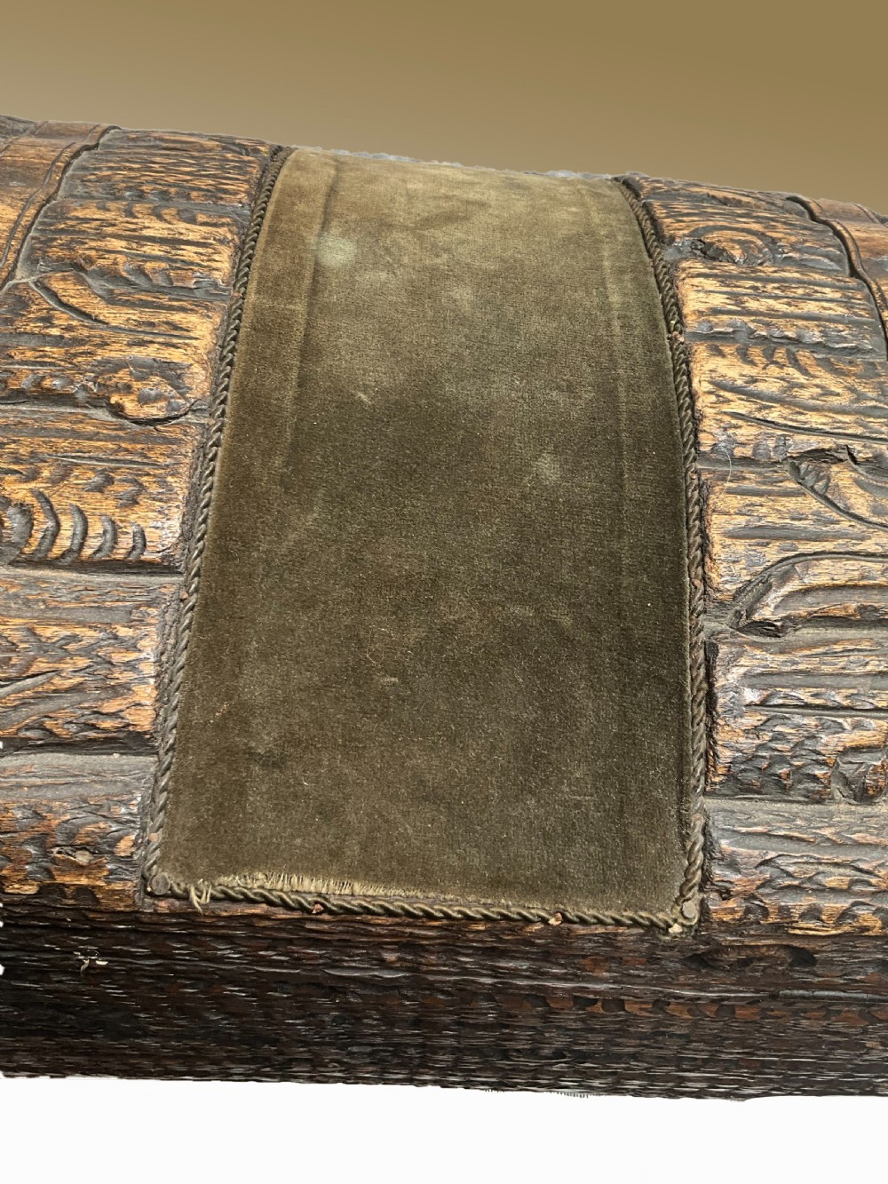 A dome-topped carved wooden box featuring a faux log bark texture with a central olive green velvet band. View IV