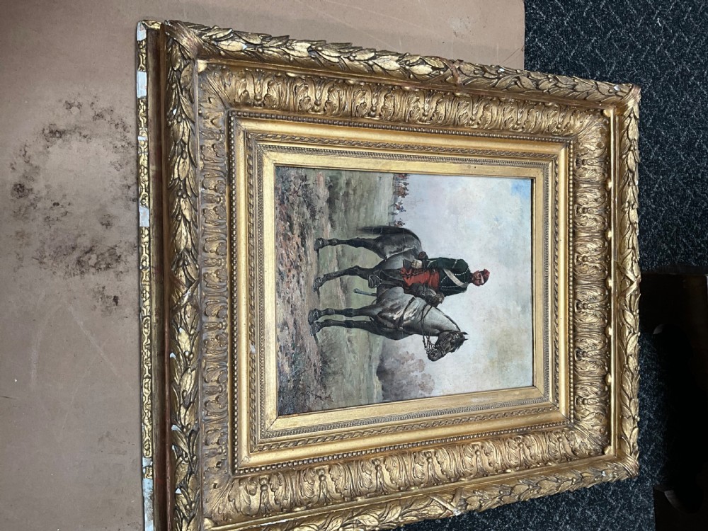 A nineteenth-century oil painting depicting a uniformed French cavalry officer seated atop a grey horse in a open landscape setting. View XI