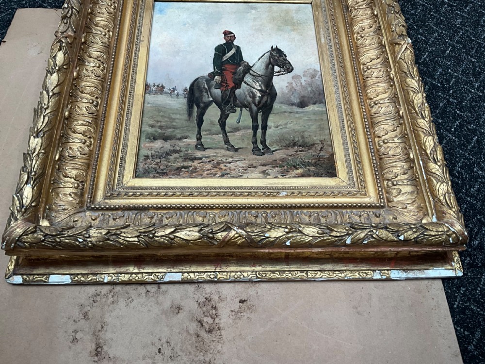 A nineteenth-century oil painting depicting a uniformed French cavalry officer seated atop a grey horse in a open landscape setting. View XVIII