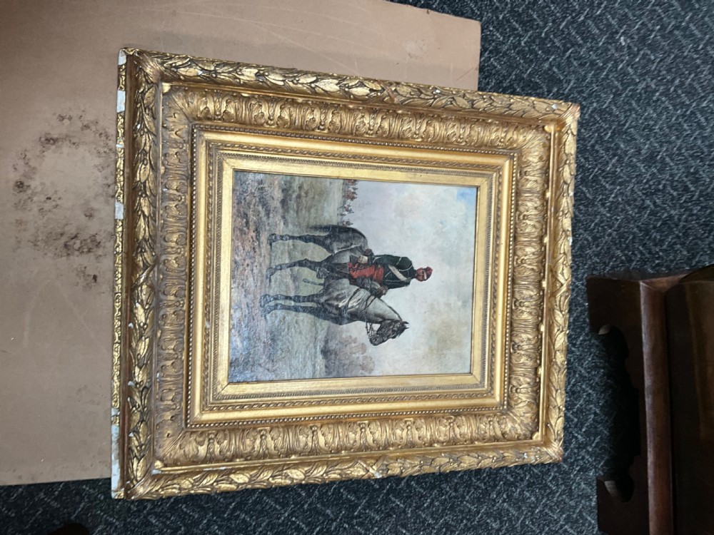 A nineteenth-century oil painting depicting a uniformed French cavalry officer seated atop a grey horse in a open landscape setting. View XIX