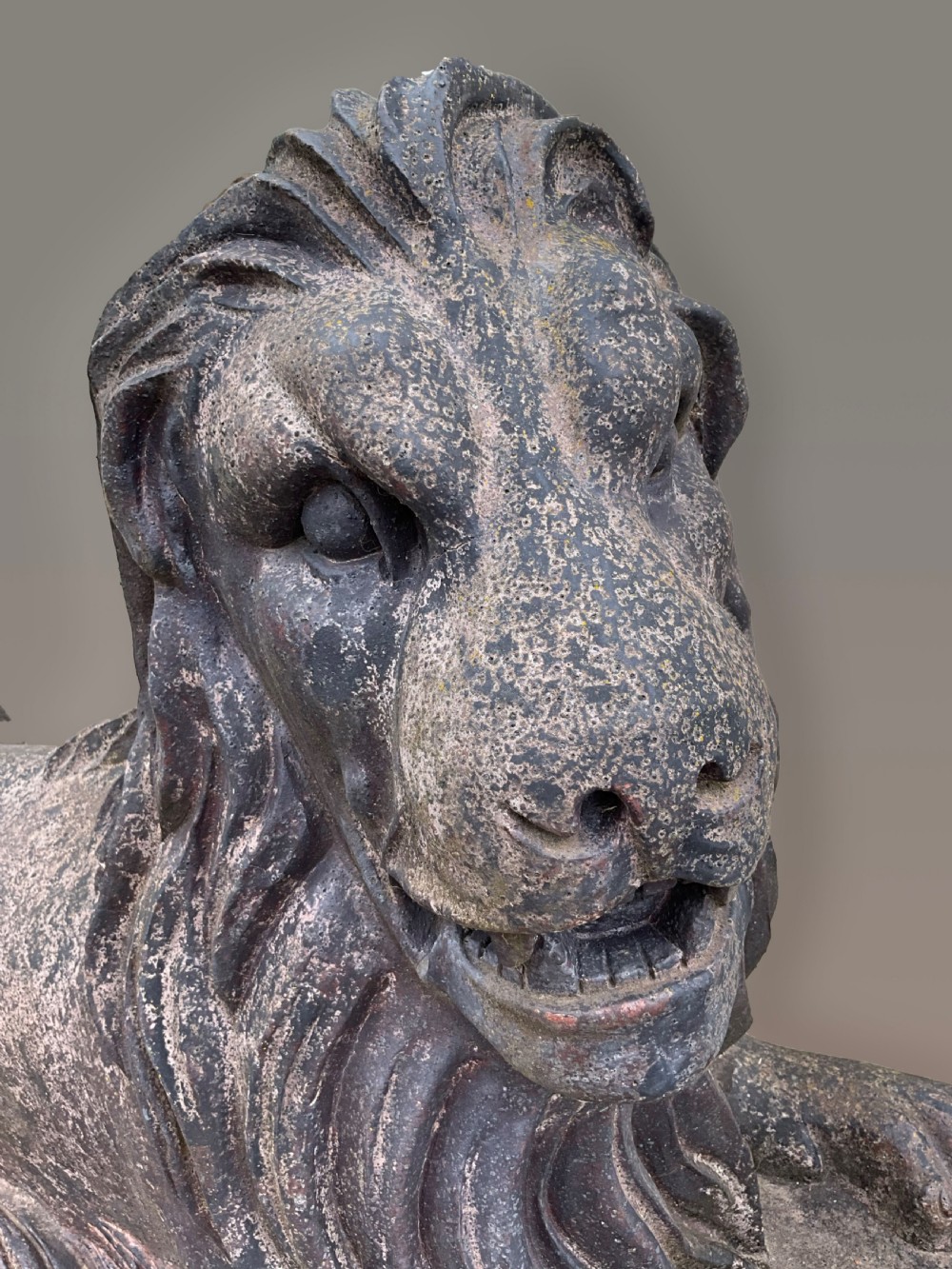 A pair of nineteenth-century salt-glazed stoneware recumbent lions resting on rectangular plinths with a distressed finish. View VI