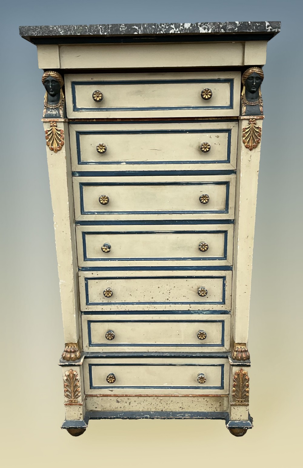 A French empire style hand painted wellington chest with marble top. 