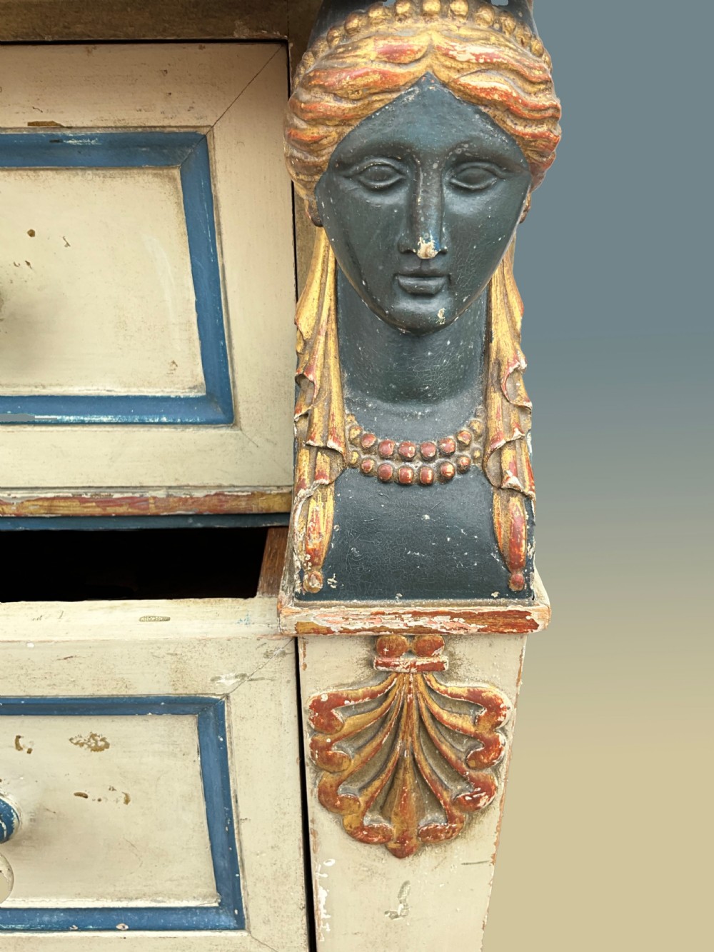 A French empire style hand painted wellington chest with marble top.  View II